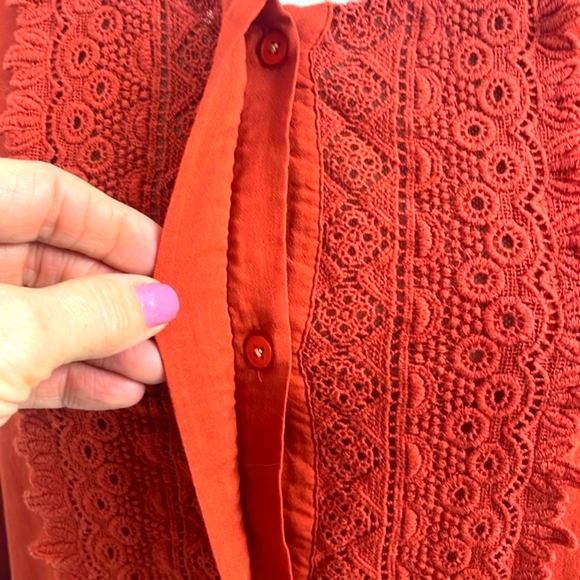 Anthropologie Maeve Burnt Orange 3/4 Sleeve Buttoned Blouse with Crochet Front - Picture 3 of 11